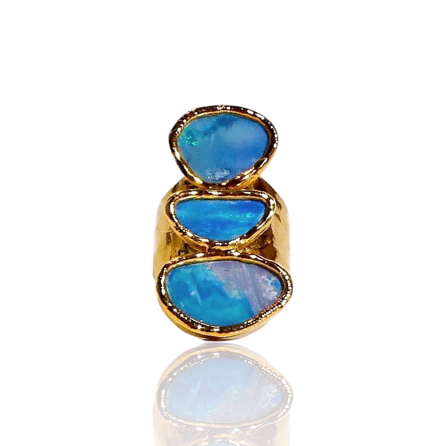 Three Stone Blue Fire Opal Ring