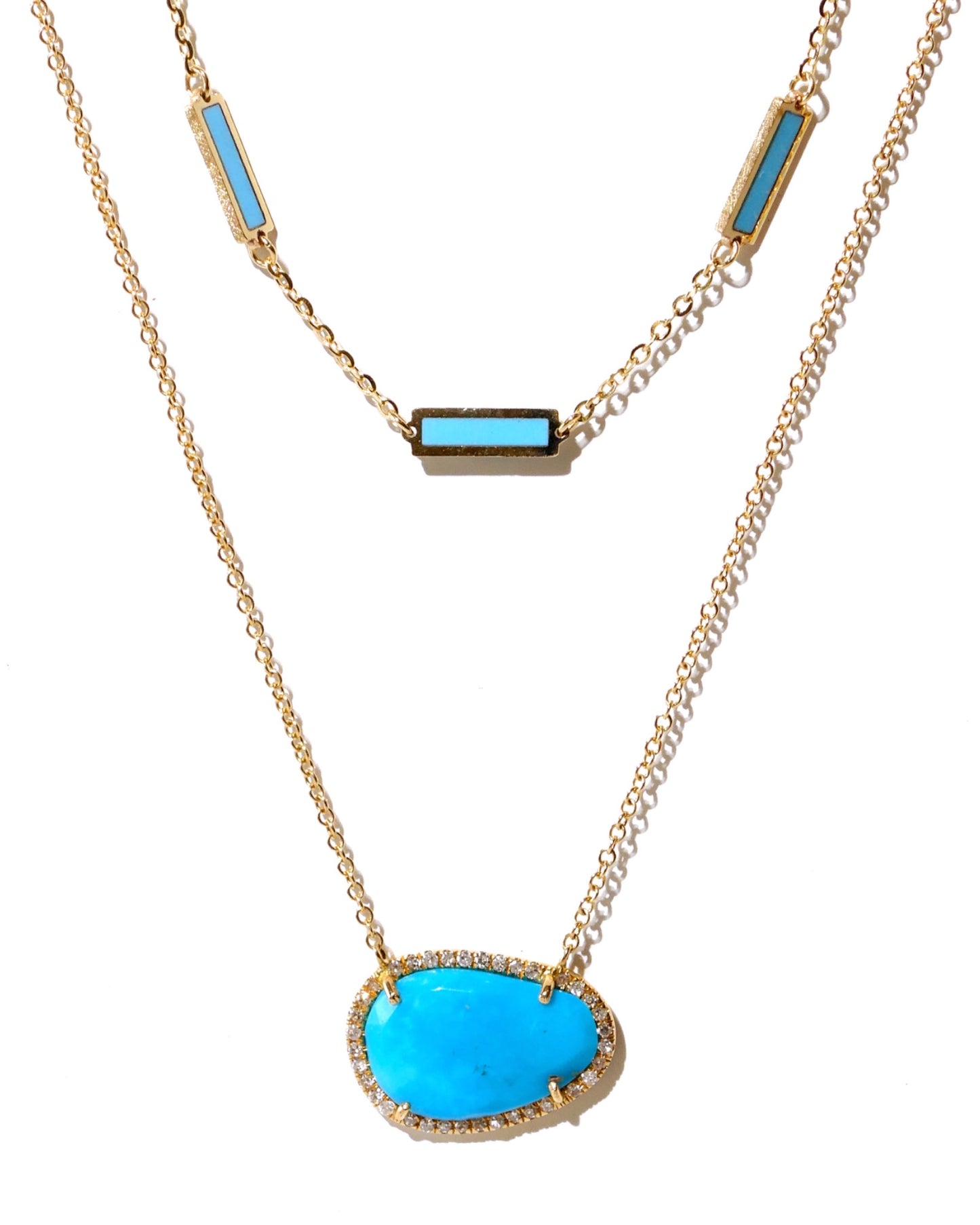 14K Gold Natural Turquoise Pave Necklace