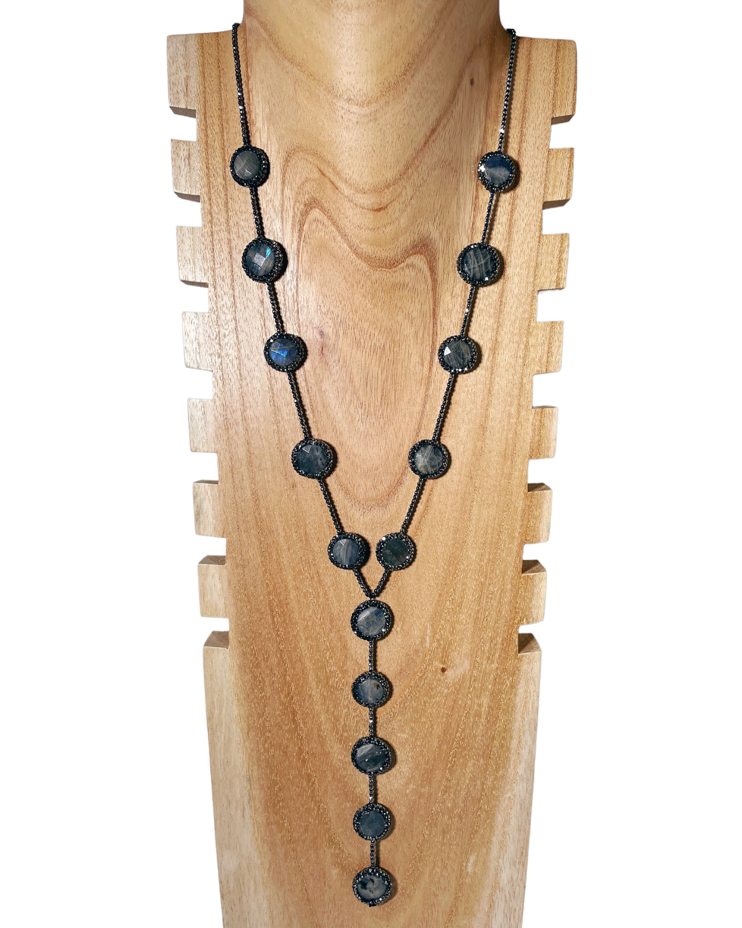 Long Hematite and Natural Gemstone Lariat Necklaces