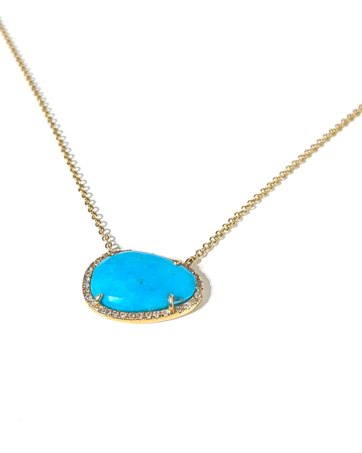 14K Gold Natural Turquoise Pave Necklace
