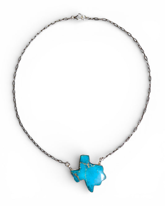 Vibrant Blue Turquoise State of Texas Sterling Silver Necklace