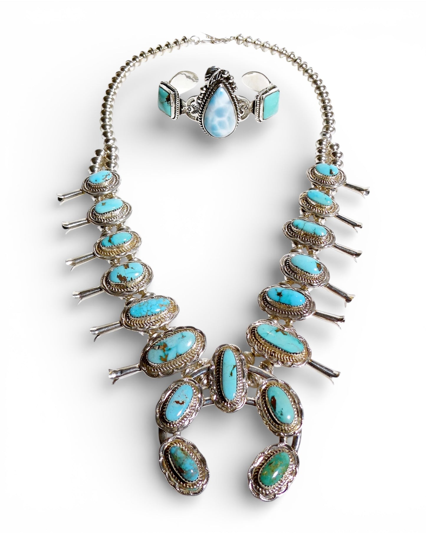 Light Blue Turquoise Squash Blossom Necklace in Sterling Silver 925