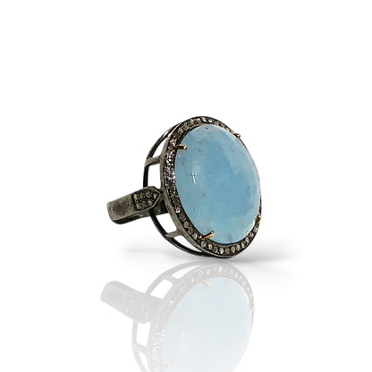 Round Aquamarine & Black Diamond Halo Ring
