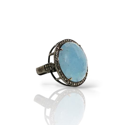 Round Aquamarine & Black Diamond Halo Ring