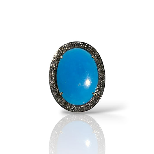 Natural Turquoise & Black Diamond Wide Halo Ring