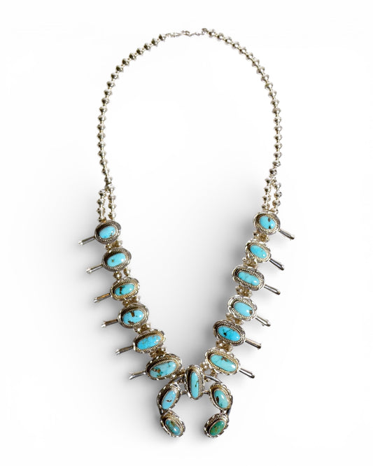 Light Blue Turquoise Squash Blossom Necklace in Sterling Silver 925