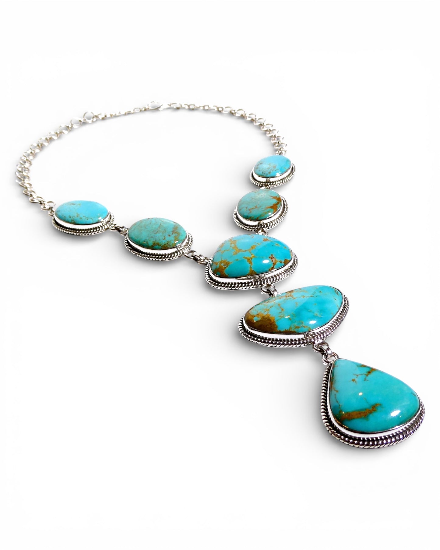 Mixed Shape Natural Turquoise Y-Drop Sterling Silver Necklace