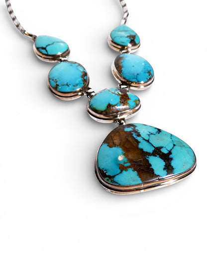 Natural Brown Matrix Turquoise and Sterling Silver Bib Necklace