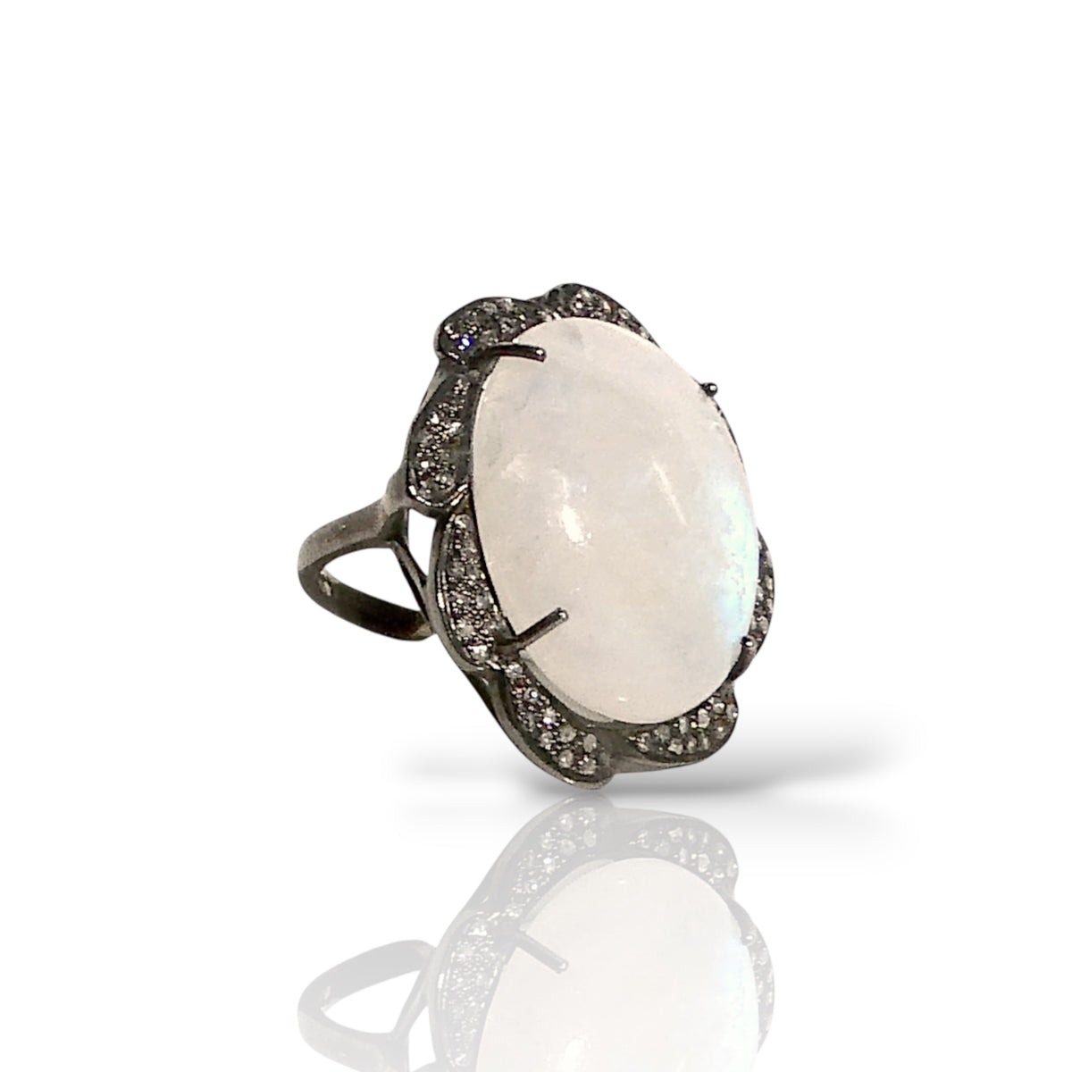 Oval Rainbow Moonstone Pavé Statement Ring