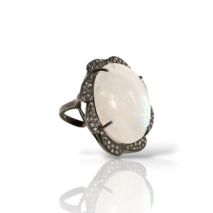 Oval Rainbow Moonstone Pavé Statement Ring
