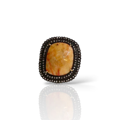 Natural Yellow Sapphire & Black Diamond Double Halo Ring