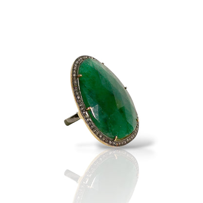 Natural Emerald & Black Diamond Teardrop Statement Ring