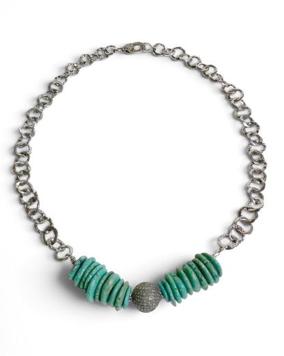 Turquoise Disc & Pavé Bead Chain Necklace