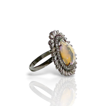 Iridescent Opal & Baguette Diamond Cocktail Ring