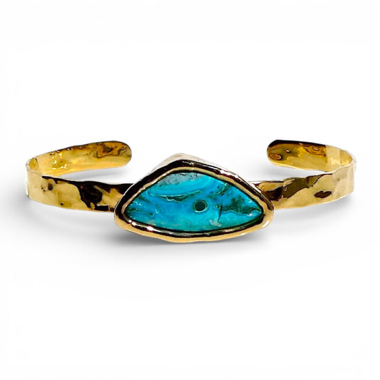 Blue Chrysocolla Hammered Gold Cuff Bracelet