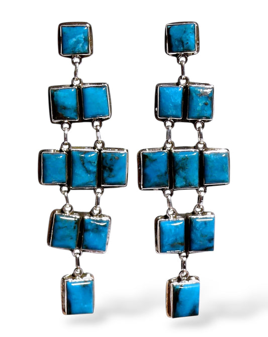 Long Kingman Turquoise Tiered Drop Earrings