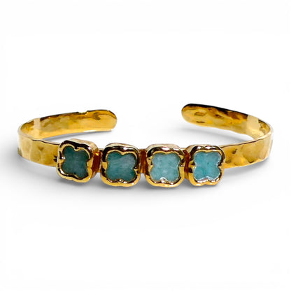 Ombré Amazonite Clover Hammered Gold Cuff Bracelet