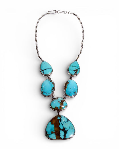 Natural Brown Matrix Turquoise and Sterling Silver Bib Necklace