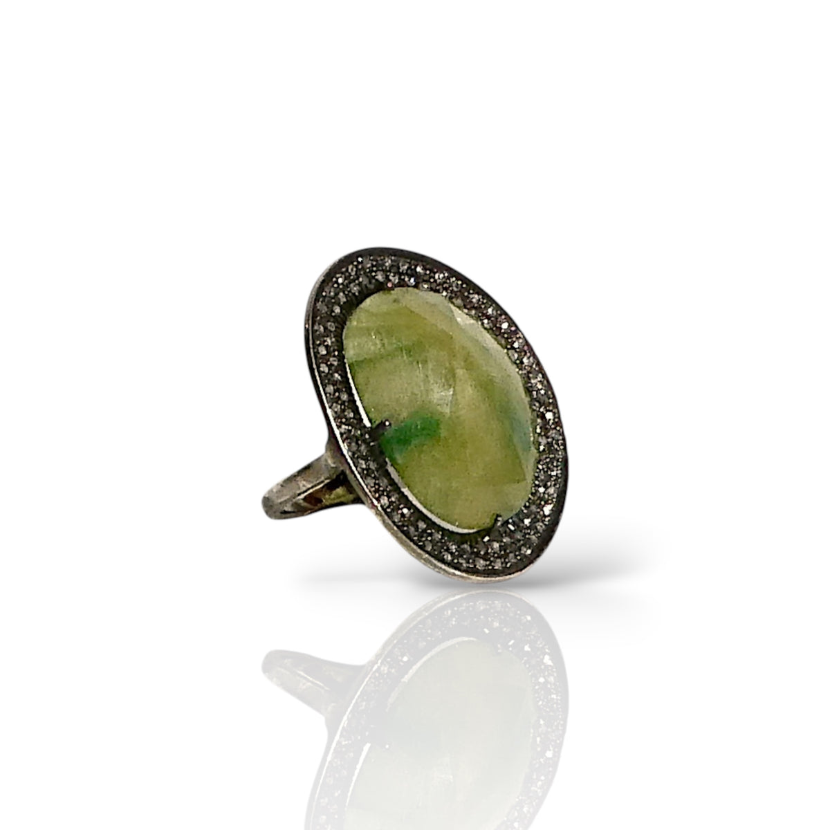 Oval Prehnite & Black Diamond Statement Ring