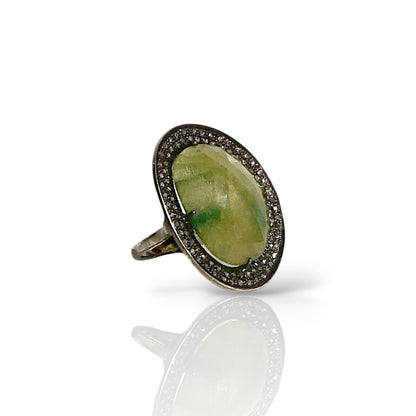 Oval Prehnite & Black Diamond Statement Ring