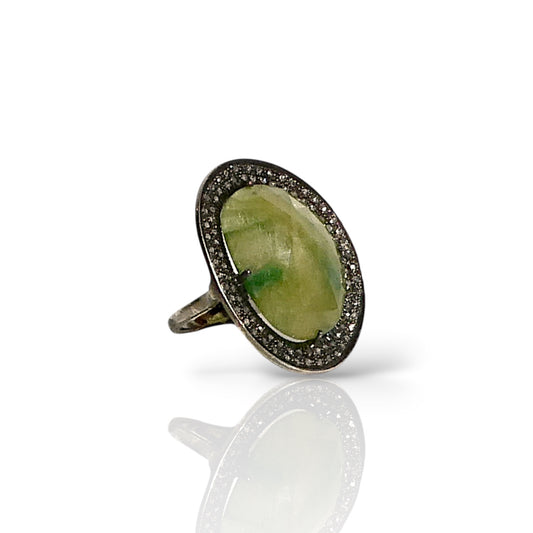Oval Prehnite & Black Diamond Statement Ring