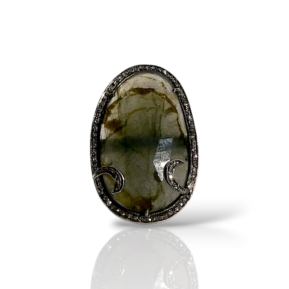 Natural Green Prehnite Crescent Moon Statement Ring