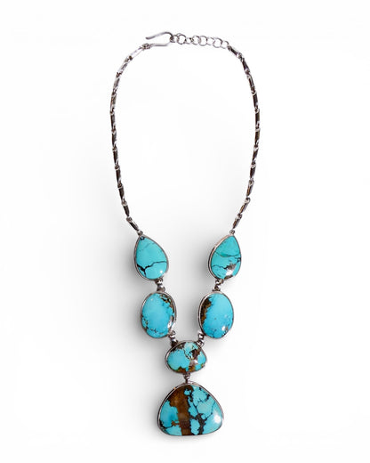 Natural Brown Matrix Turquoise and Sterling Silver Bib Necklace