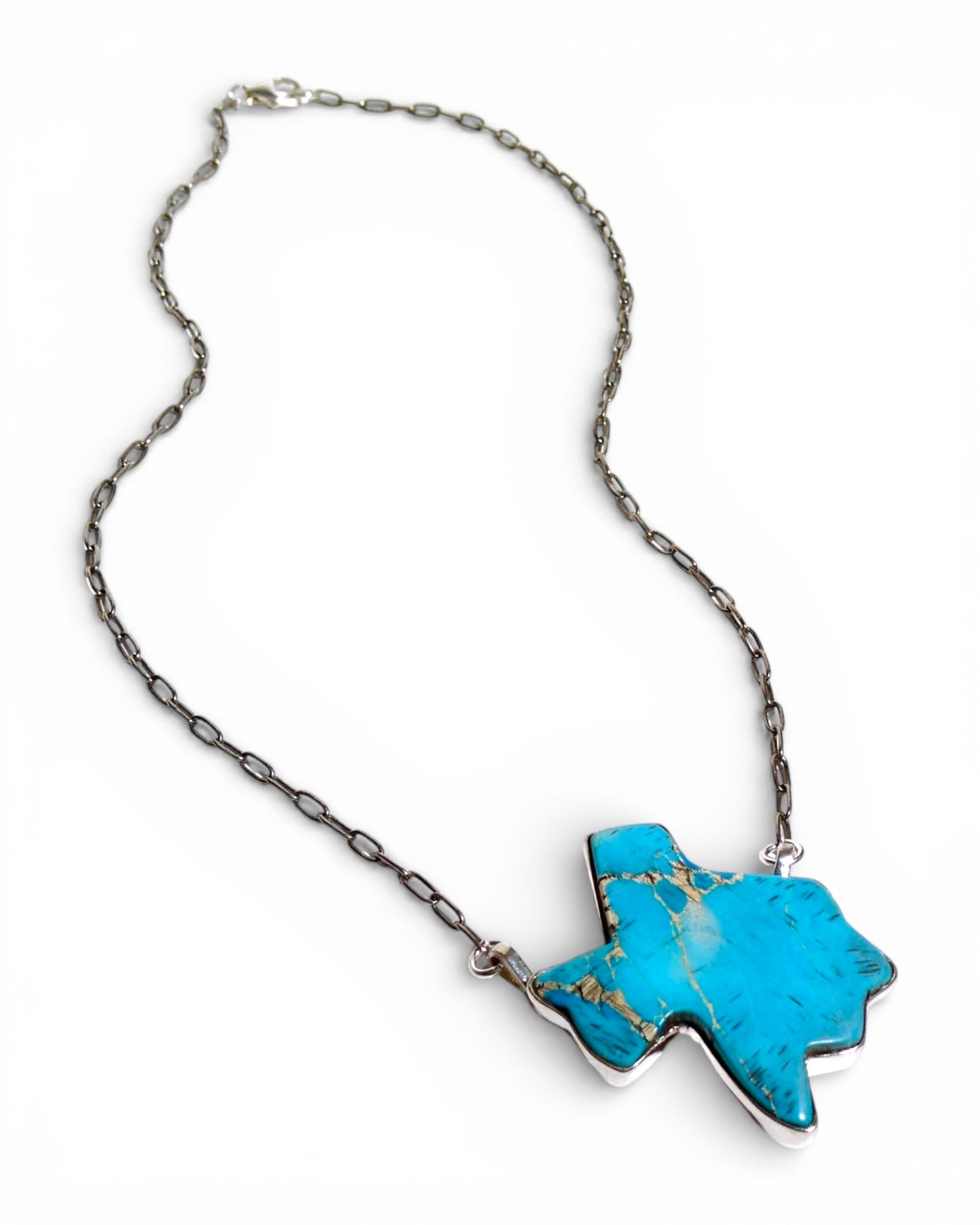 Vibrant Blue Turquoise State of Texas Sterling Silver Necklace