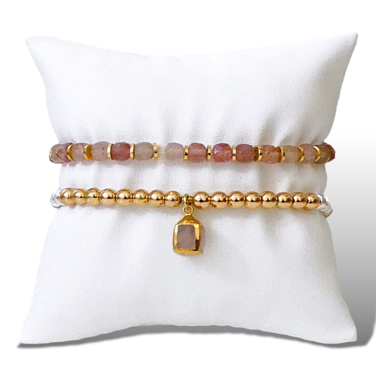 Pink Gemstone and Pyrite Bracelet Set