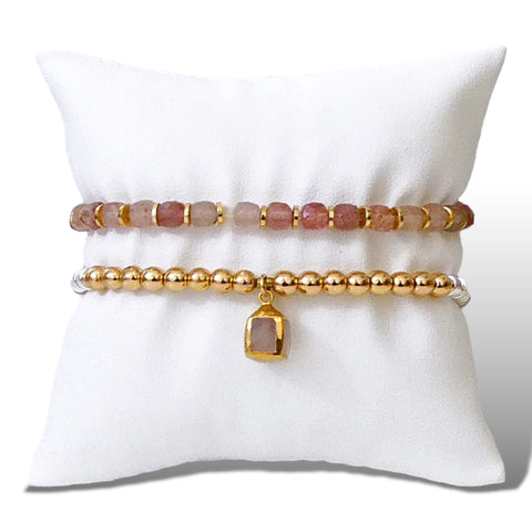 Pink Gemstone and Pyrite Bracelet Set