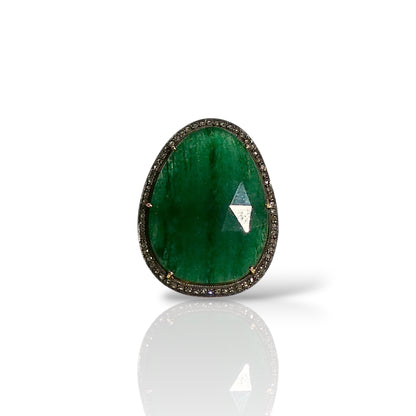 Natural Emerald & Black Diamond Teardrop Statement Ring