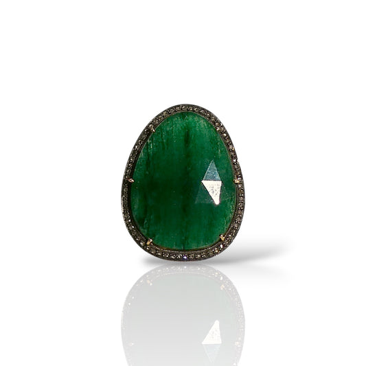 Natural Emerald & Black Diamond Teardrop Ring