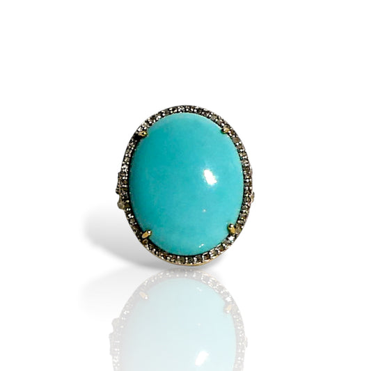 Oval Turquoise & Black Diamond Halo Statement Ring