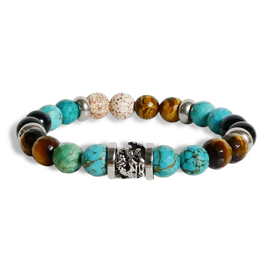 NEW Men’s Natural Turquoise & Tiger's Eye Gemstone Bracelet with Navajo Bead Centerpiece