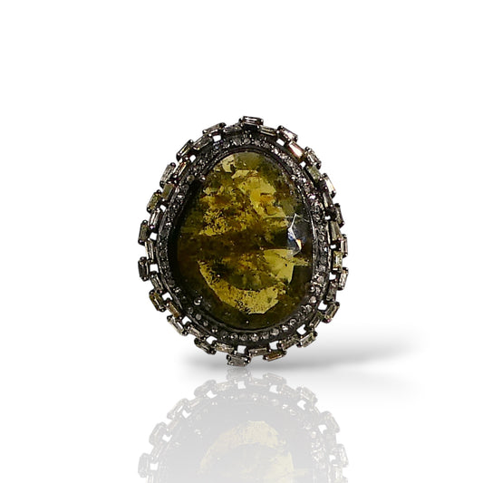 Green Tourmaline Black Diamond Baguette Ring