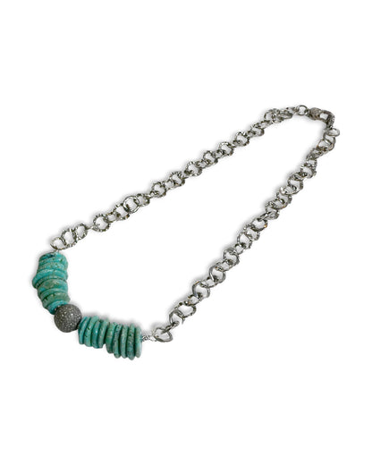 Turquoise Disc & Pavé Bead Chain Necklace