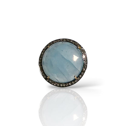 Round Aquamarine & Black Diamond Halo Ring