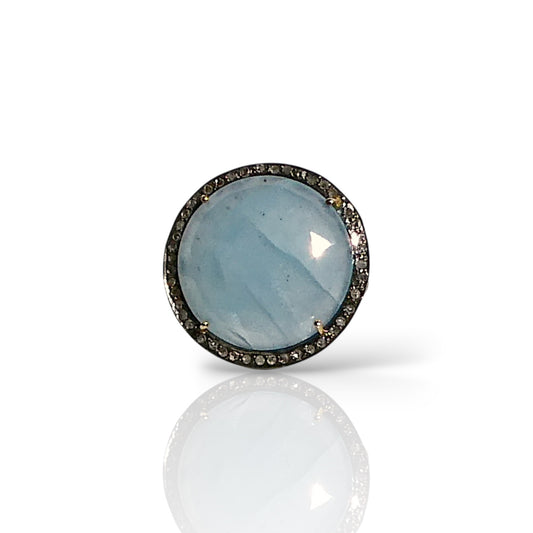 Round Aquamarine & Black Diamond Halo Ring