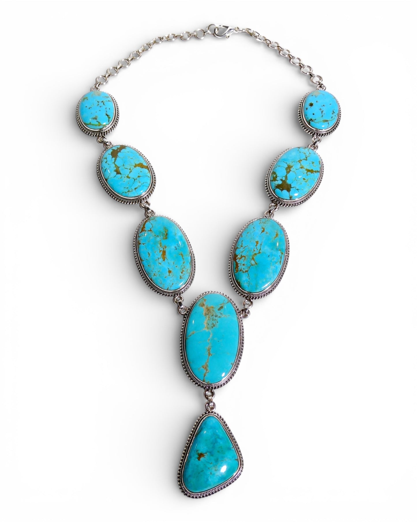 Natural Turquoise Oval Y-Drop Sterling Silver Necklace