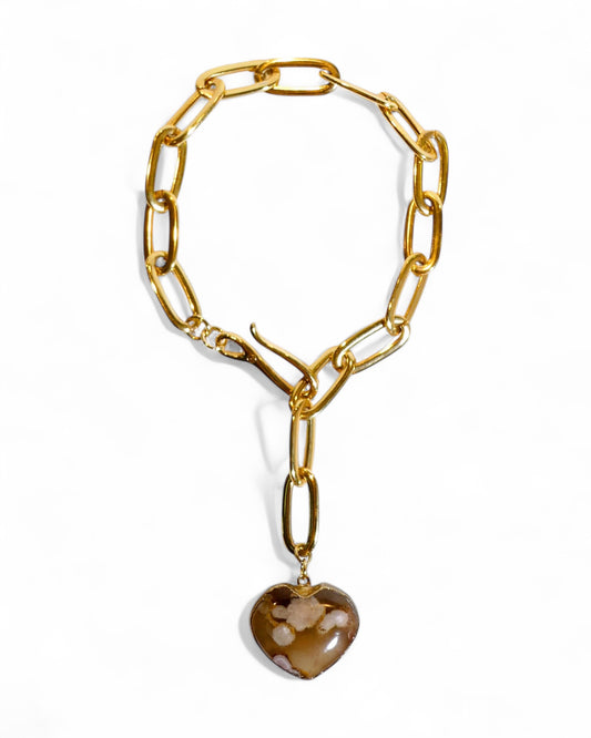 Flower Agate Crystal Heart on Chunky Chain Necklace