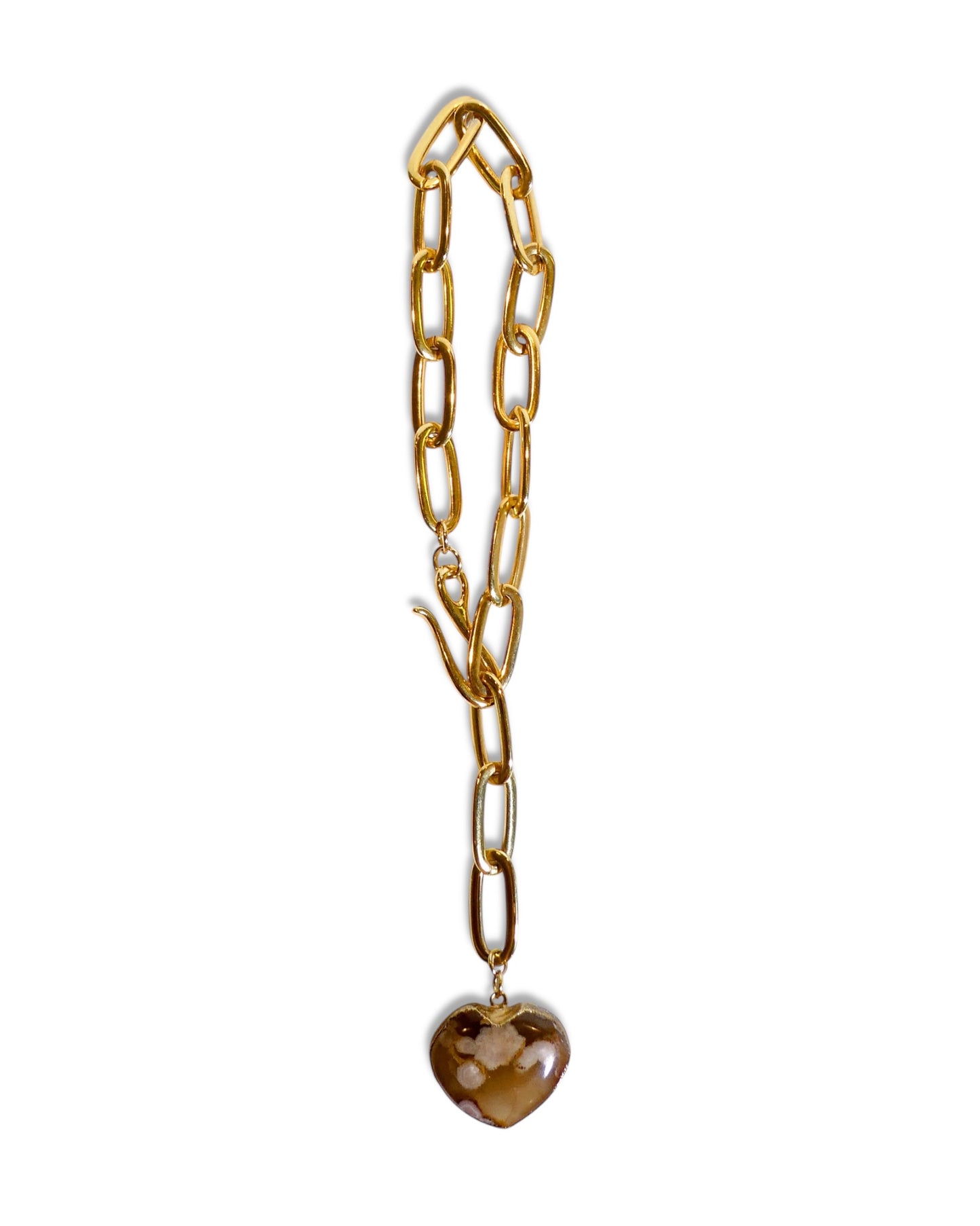 Flower Agate Crystal Heart on Chunky Chain Necklace