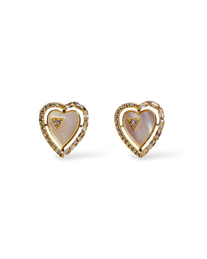 Mother of Pearl and Crystal Heart Stud Earrings