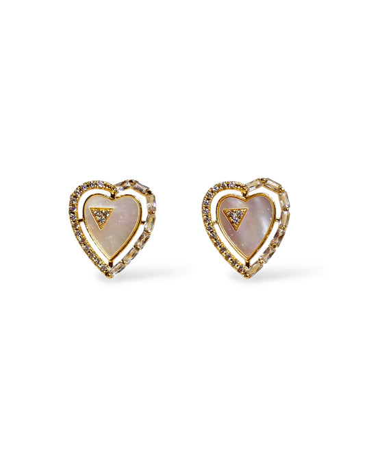 Mother of Pearl and Crystal Heart Stud Earrings