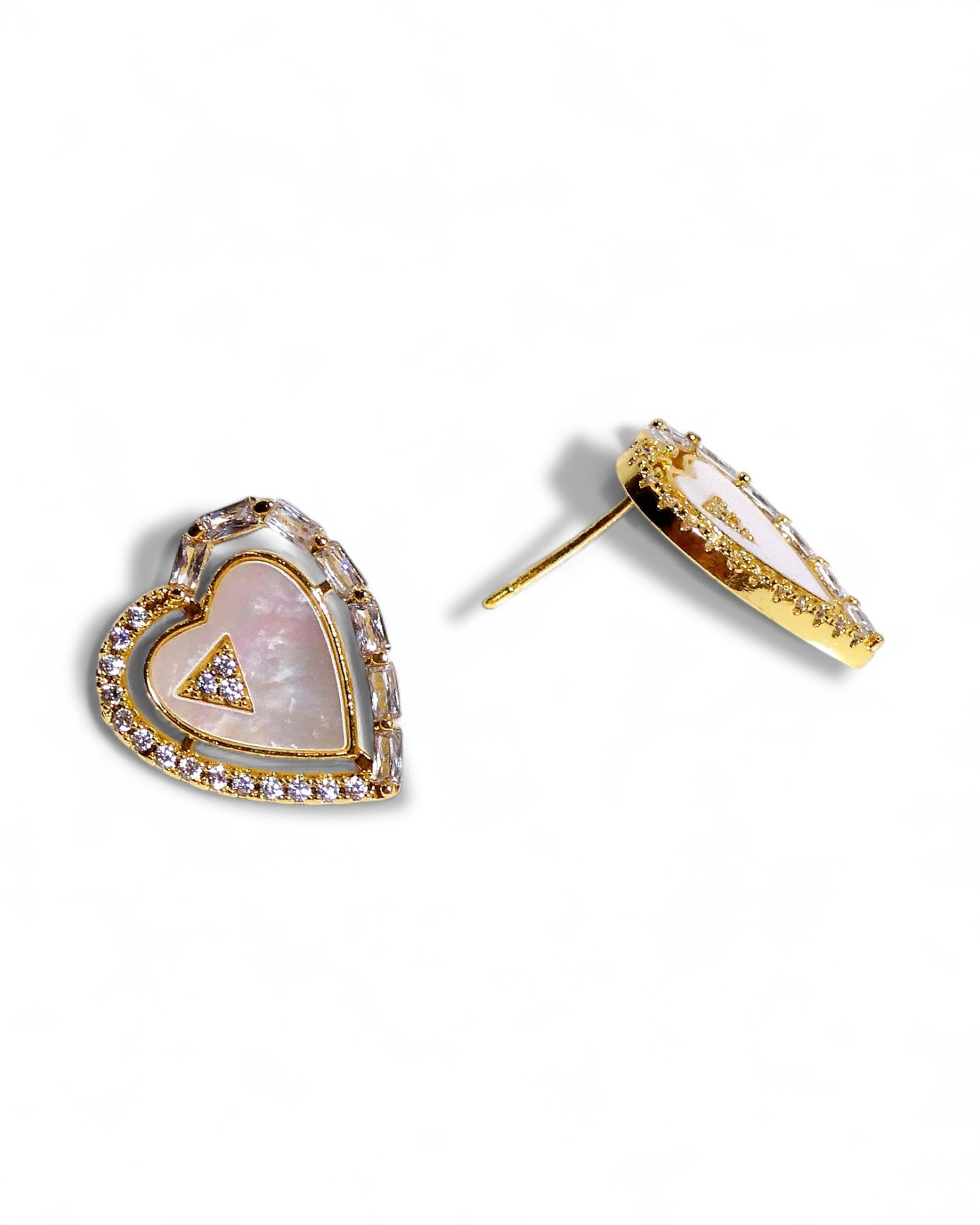 Mother of Pearl and Crystal Heart Stud Earrings