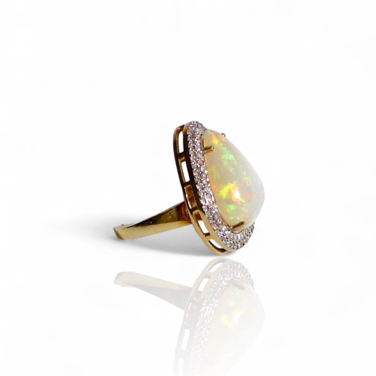 Diamond and Fire Opal Pear Shaped Ring