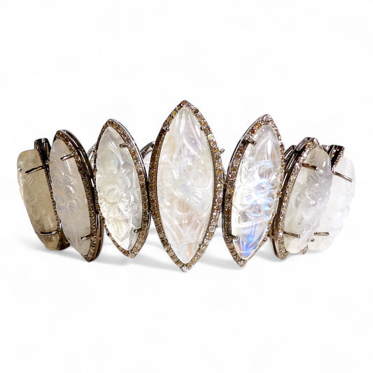 Etched Marquise Moonstone Bracelet with Black Pavé Diamonds