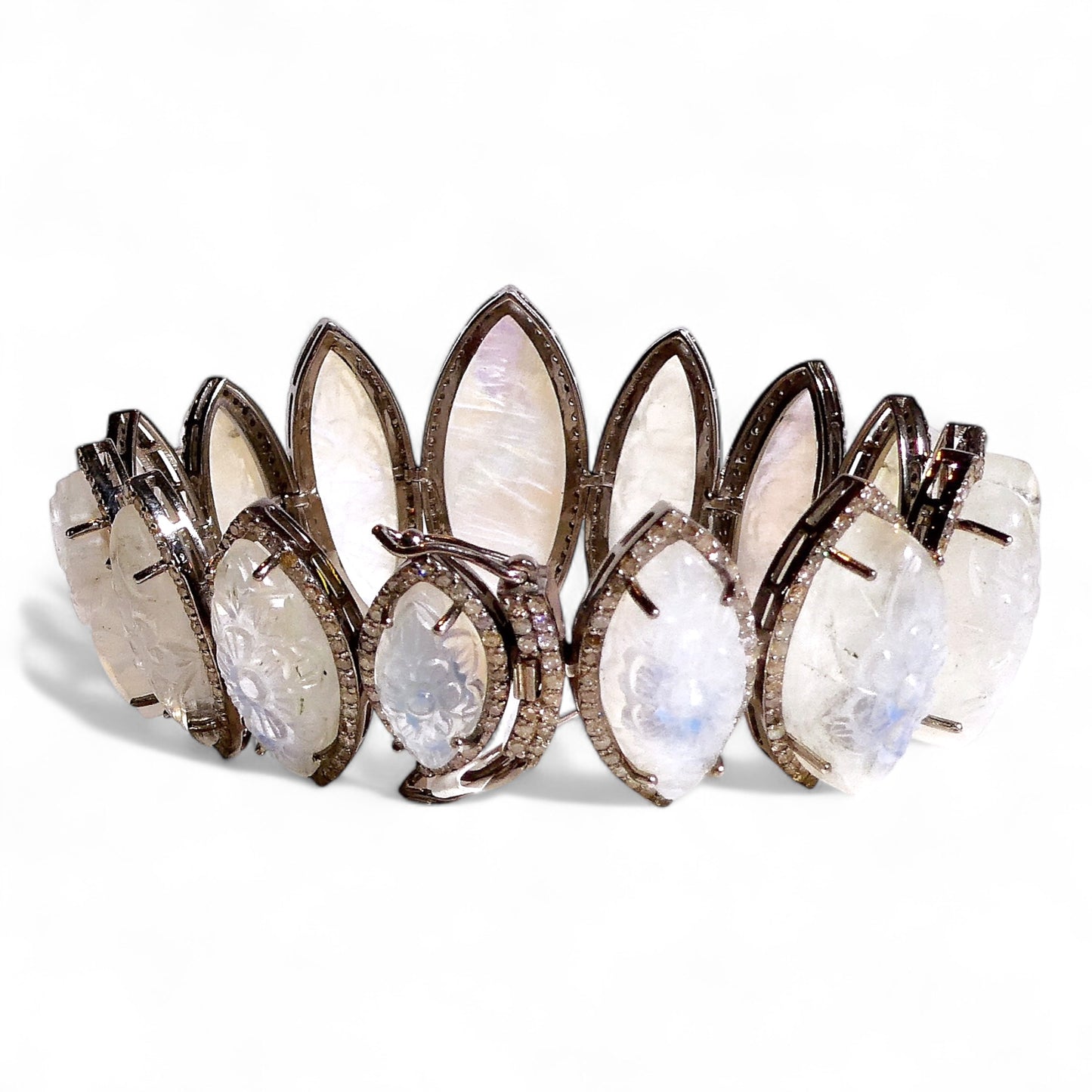 Etched Marquise Moonstone Bracelet with Black Pavé Diamonds