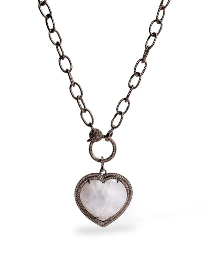 Moonstone and Black Diamond Heart Pendant