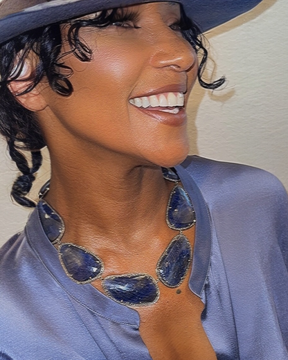 Statement Deep Blue Sapphire Black Diamond Necklace