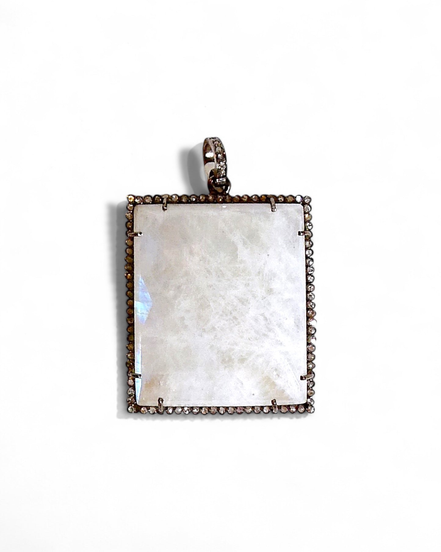 Square Rainbow Moonstone Pendant with Pavé Black Diamonds